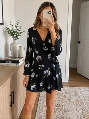 Black Wrap Dress Black Floral Wrap Mini Dress Long Sleeve V Neck Flowy Boho